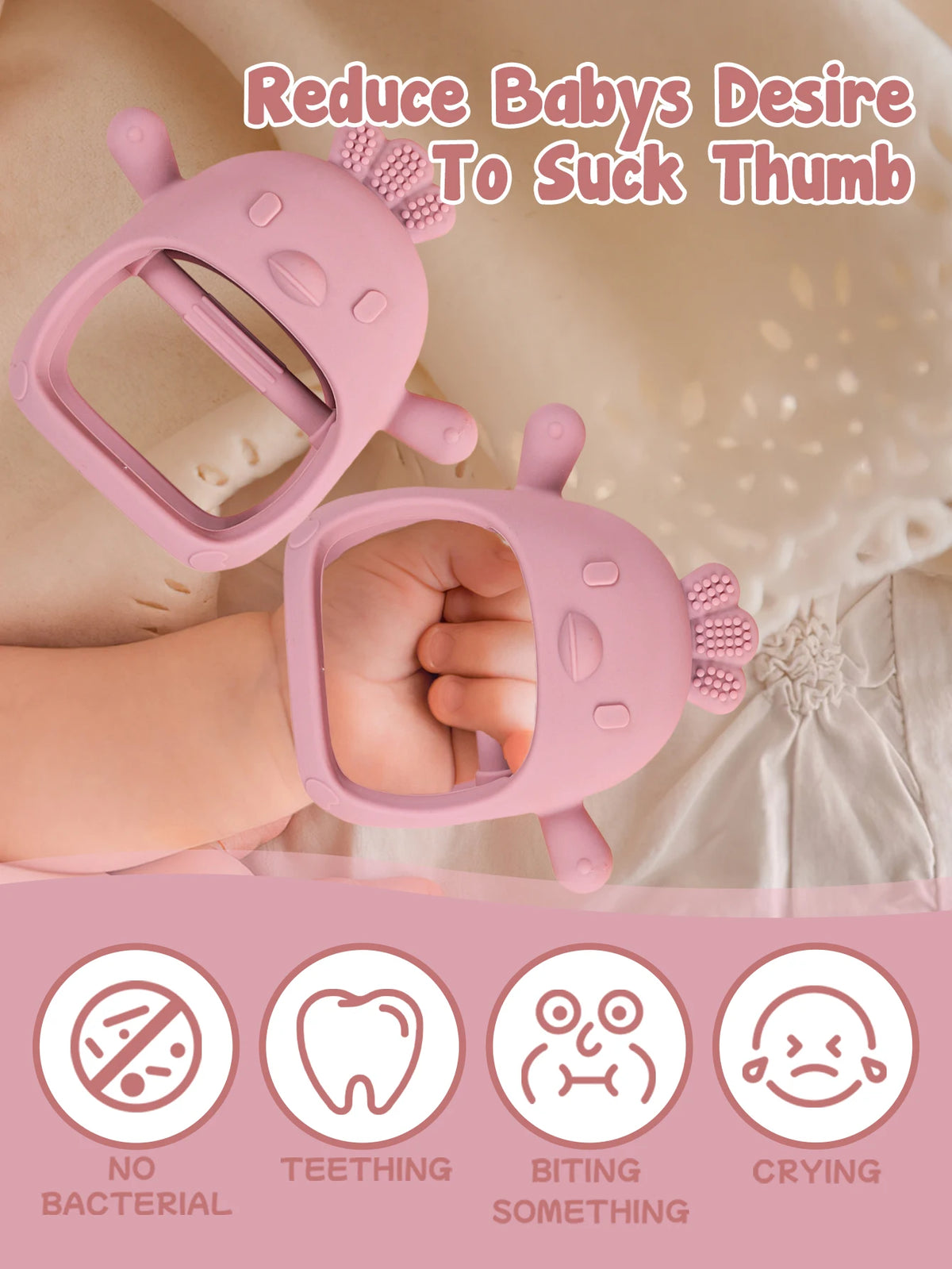 A pink silicone chick glove teether is shown being used by a baby's hand for gum relief.