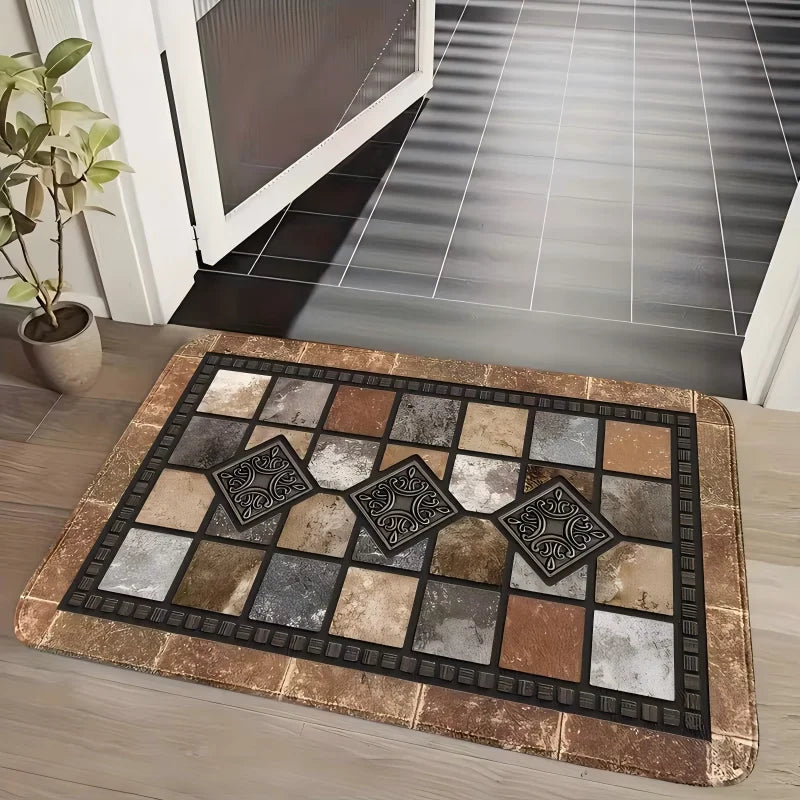 A rectangular farmhouse geometric kitchen mat with a distressed brown and gray pattern rests on a wooden floor.