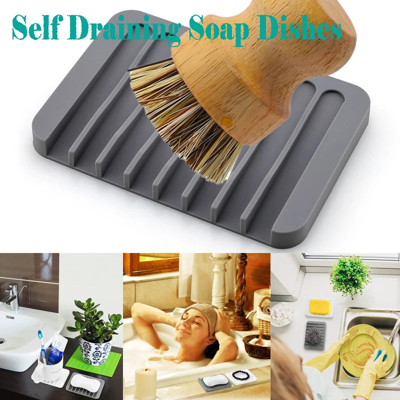 A set of self-draining soap dishes featuring wooden scrub brushes with natural sisal bristles for dish cleaning.