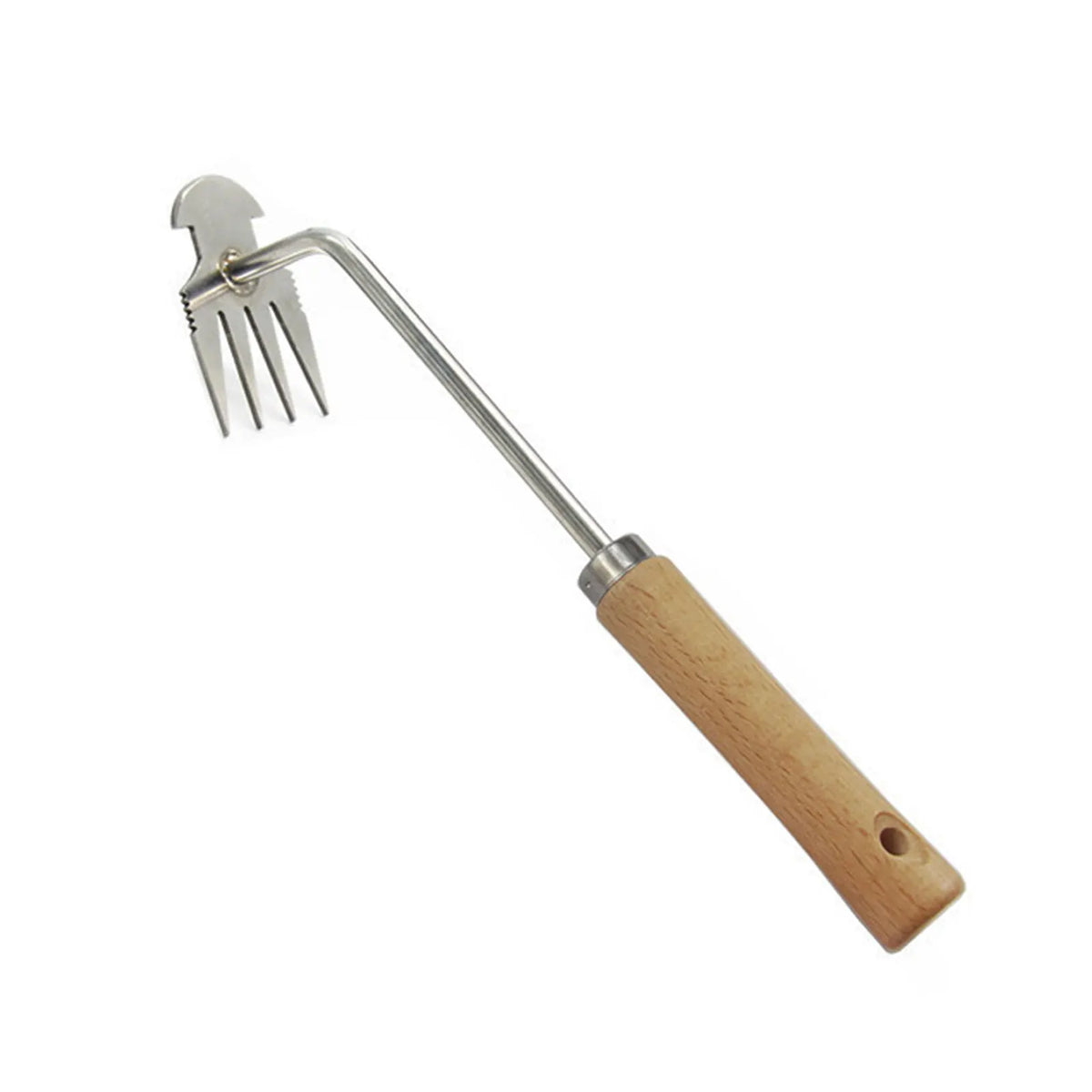 Stainless steel weeding tool with a long metal hook and a wooden handle for garden root removal