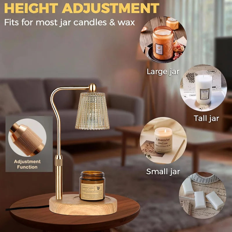 A gold-toned adjustable electric lamp designed for height adjustment, shown next to various sized jars.