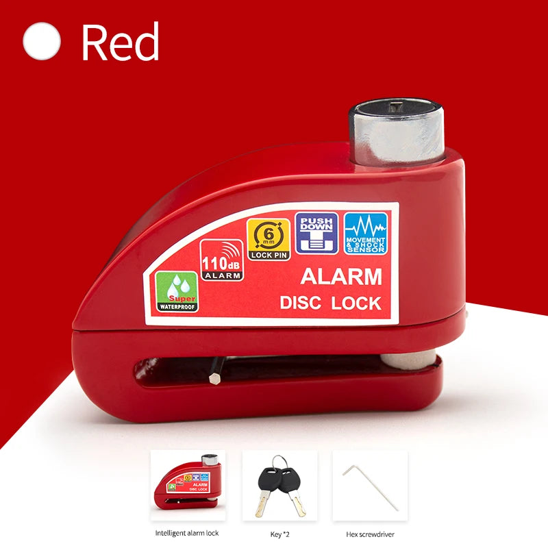 Freno de disco rojo con alarma de empuje y pasador de bloqueo, junto a su llave y destornillador hexagonal.