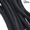 Close-up of black double braid nylon dock lines coiled together.