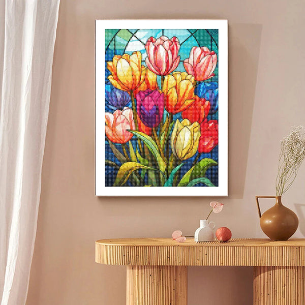 Diamond painting kit featuring colorful tulips in various shades of orange, pink, and red.
