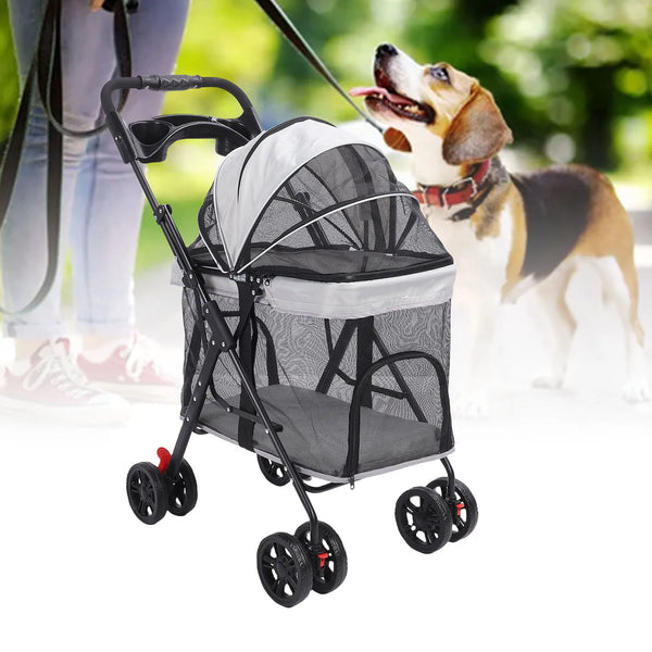 Foldable Pet Stroller with Panoramic Window & Sun Shade