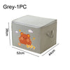 A grey foldable storage box with a handle and decorative elements is shown from the top view.