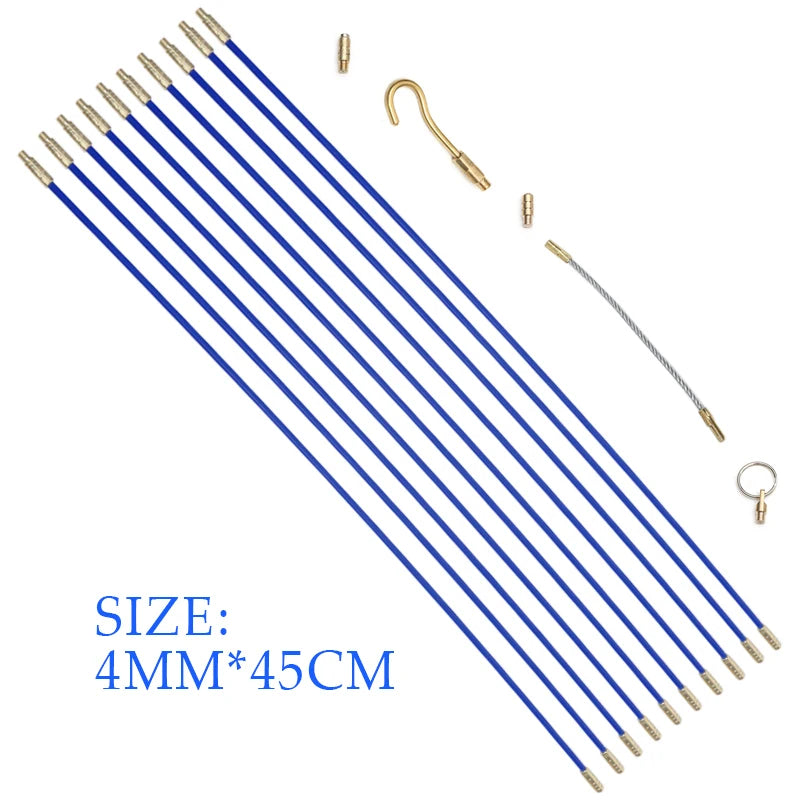 A set of ten 4mm x 45cm fiberglass fish tape wires with brass fittings and a hook.