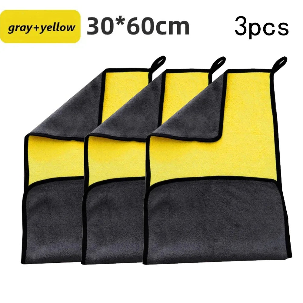 Three gray and yellow microfiber car cleaning towels, measuring 30x60cm each.