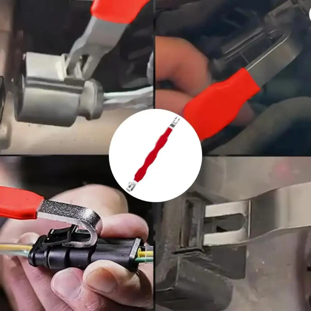 Nahaufnahme eines rot-silbernen elektrischen Anschluss-Trenners auf einer Automobilverbindung.