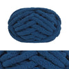 A ball of dark blue chunky chenille yarn used for hand knitting and crochet