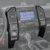 Carbon fiber grain center console trim cover for a Ford F-150 showing the interior dashboard and controls.