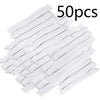 A pile of 50 disposable white broom covers for dust and hair removal.