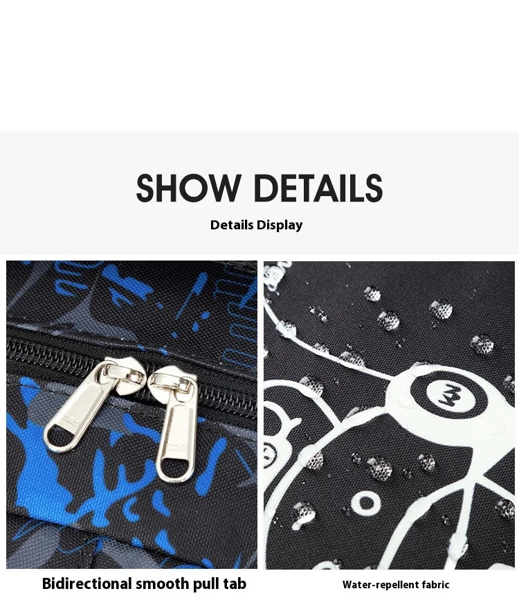 Nahaufnahme eines schwarz-blauen wasserdichten Stoffdetails mit einer bidirektionalen, glatten Zugleiste an einem Rucksack