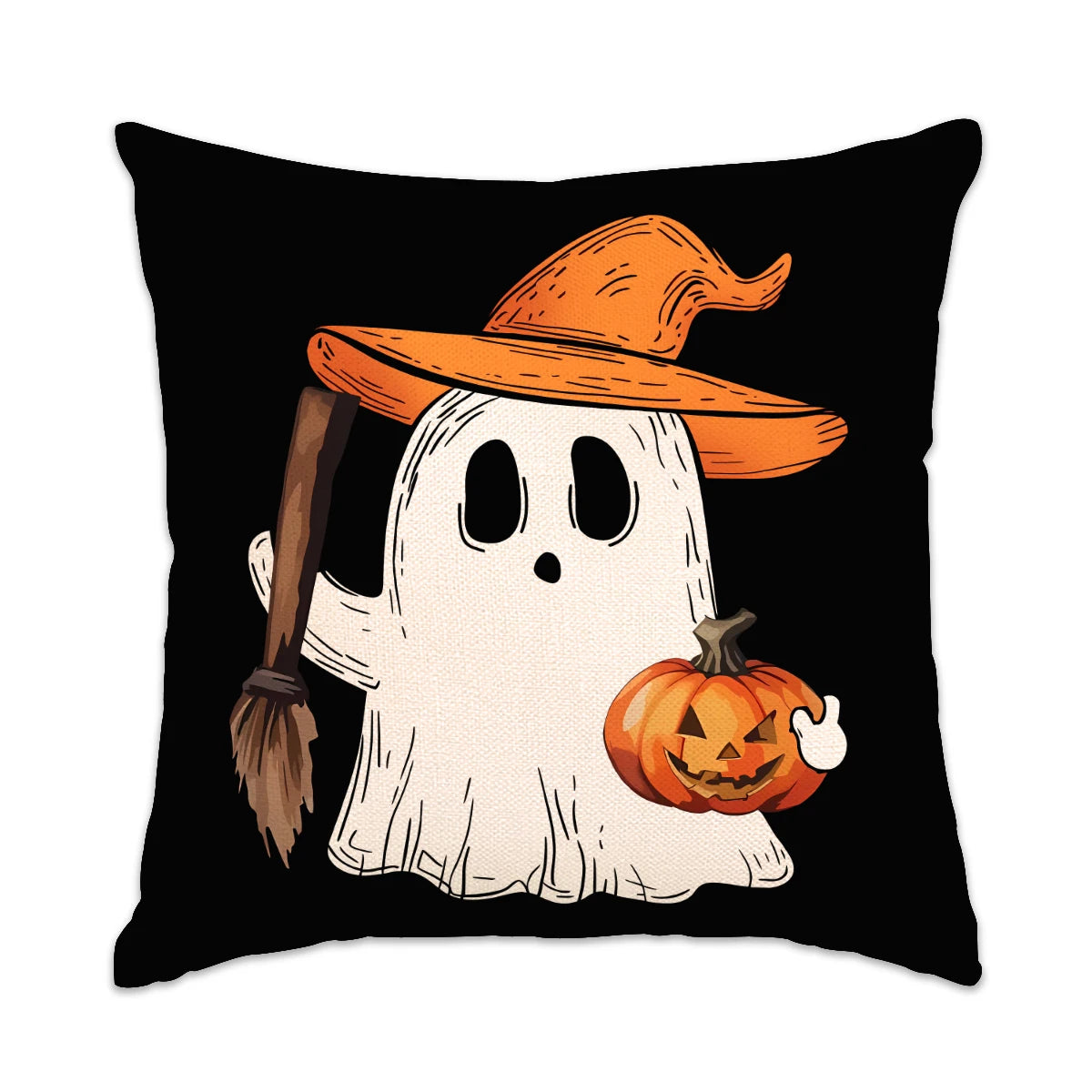 Figura fantasma blanca con ojos brillantes y sombrero de calabaza impresa en una funda decorativa negra.