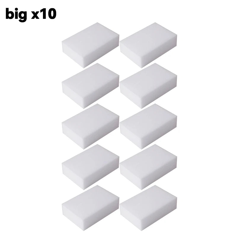 Ten white melamine sponge cleaning erasers arranged in a grid formation.