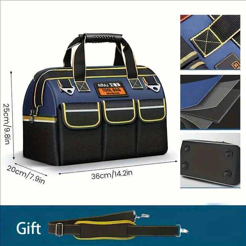A black and blue heavy-duty waterproof tool bag with multiple compartments and a yellow strap is shown.