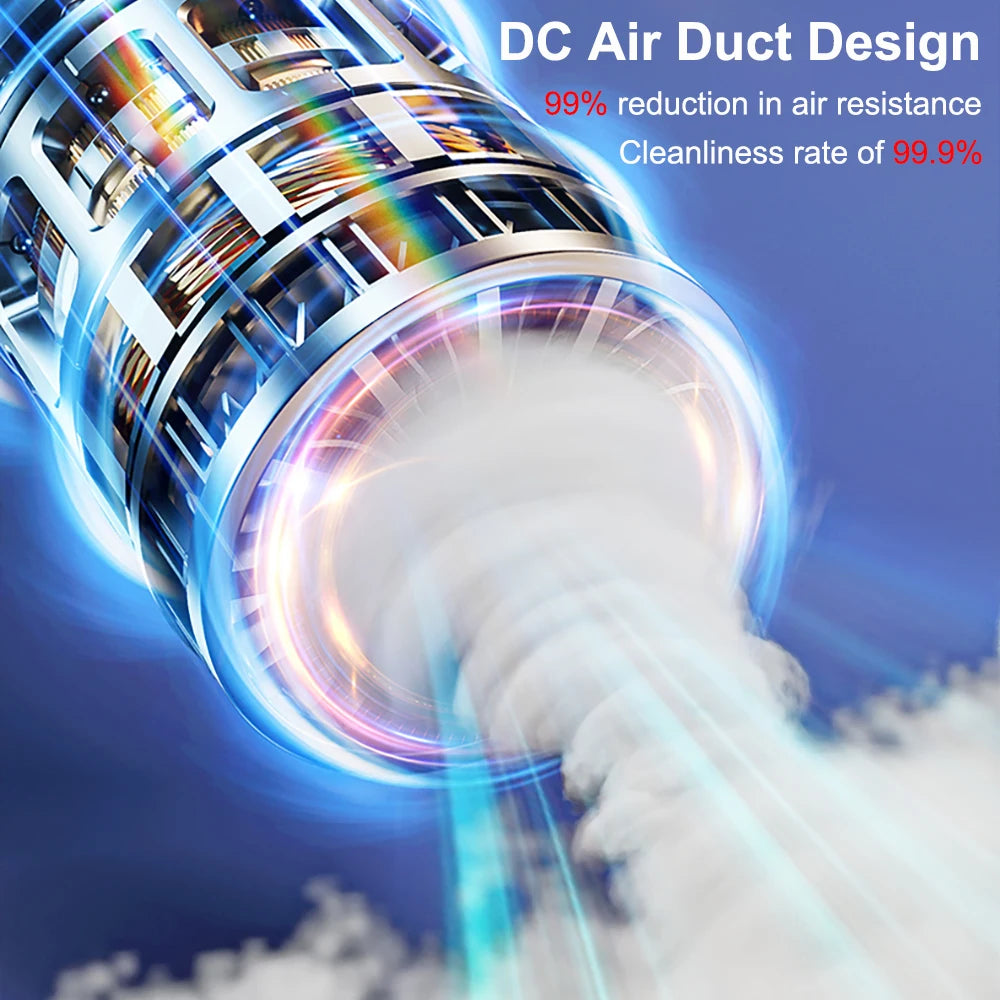 Close-up of a DC Air Duct Design vacuum cleaner emitting a powerful stream of air.