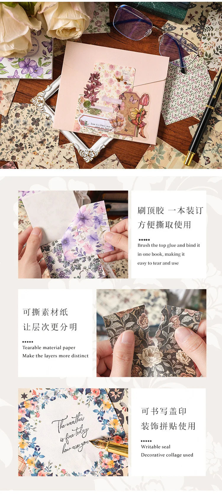 A collection of vintage floral scrapbook paper sheets and decorative collage materials for journaling and crafts.