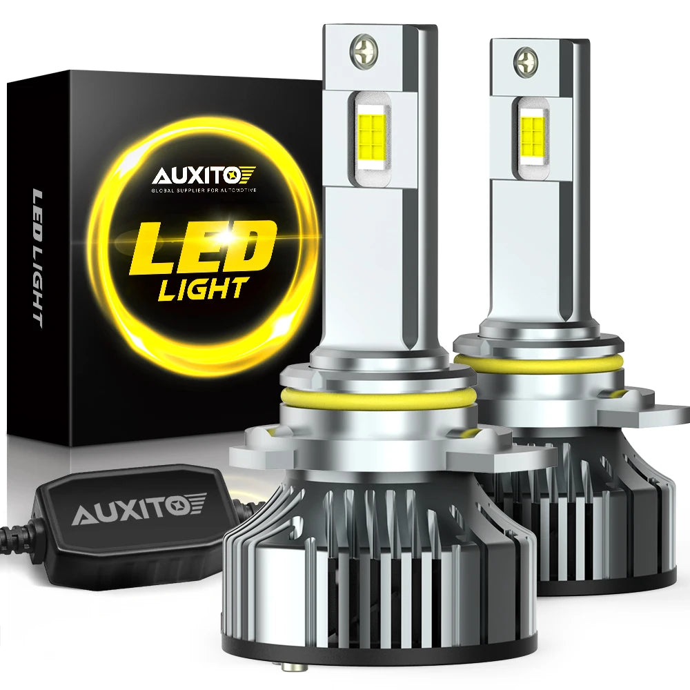 A set of bright LED light bulbs and packaging for automotive headlights.