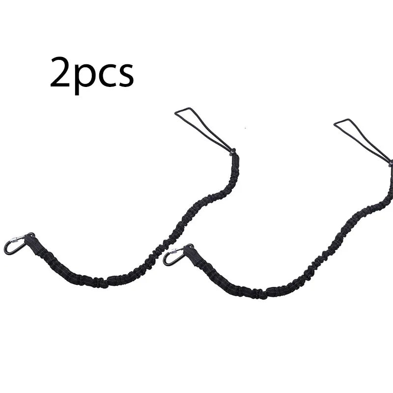 Two black bungee tethers with carabiner hooks shown against a white background.