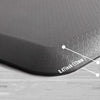 A black anti-fatigue standing mat with a waterproof non-slip surface shown on a wooden floor.