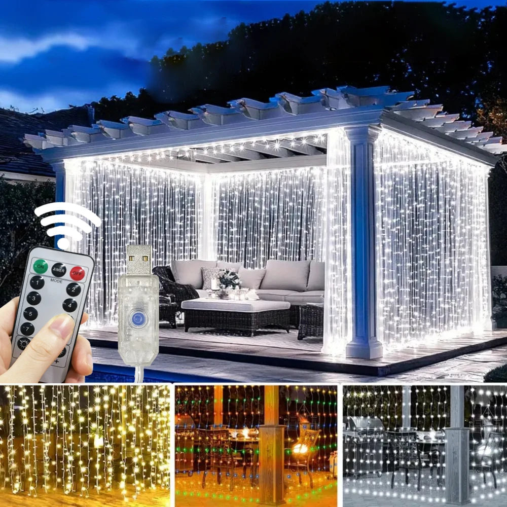 LED curtain string lights with remote control fairy lights illuminating a modern outdoor structure and various decorative set