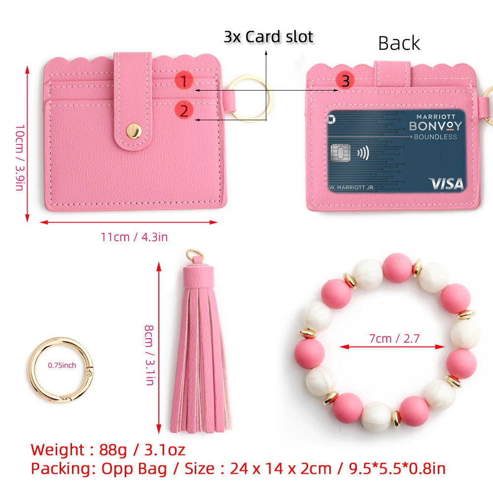 Silicone Bead Bracelet with Leather Card Holder and Tassel