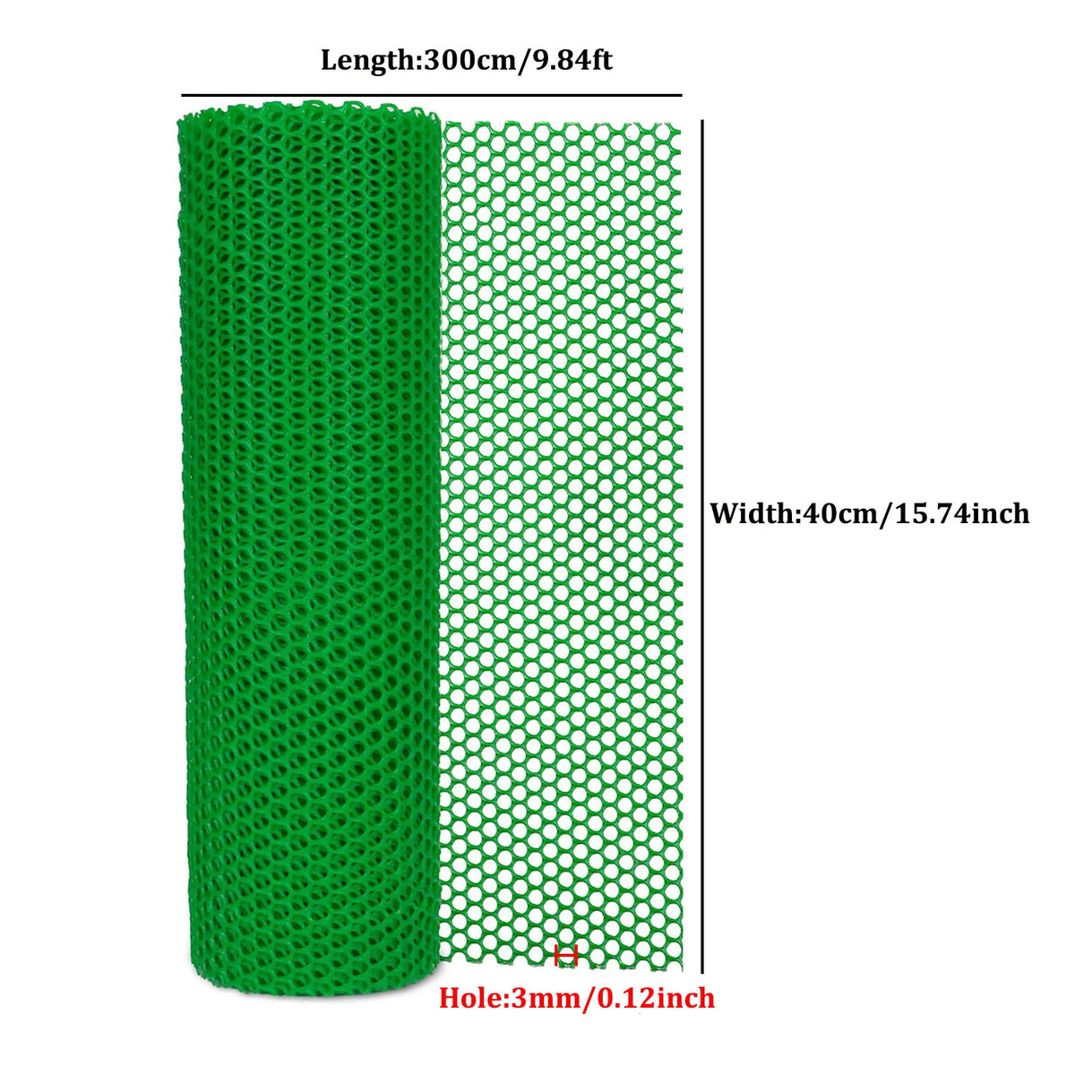 Green plastic wire mesh roll with a 300cm length and 40cm width featuring 3mm holes.