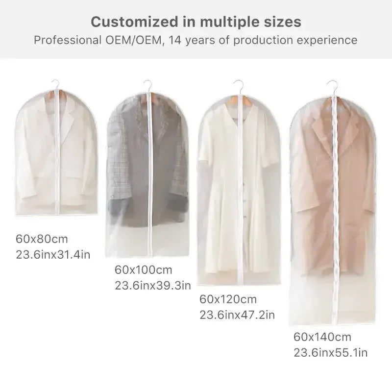 Four professional OEM/OEM sized transparent zippered garment storage bags displayed in various sizes.