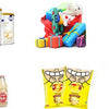 A collection of reusable shopping products including a tote bag, juice bottles, snacks, and fresh produce.
