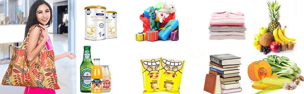 A collection of reusable shopping products including a tote bag, juice bottles, snacks, and fresh produce.