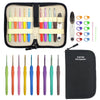 A black zippered pouch containing a beginner crochet kit with various colored crochet hooks and a step-by-step guide.