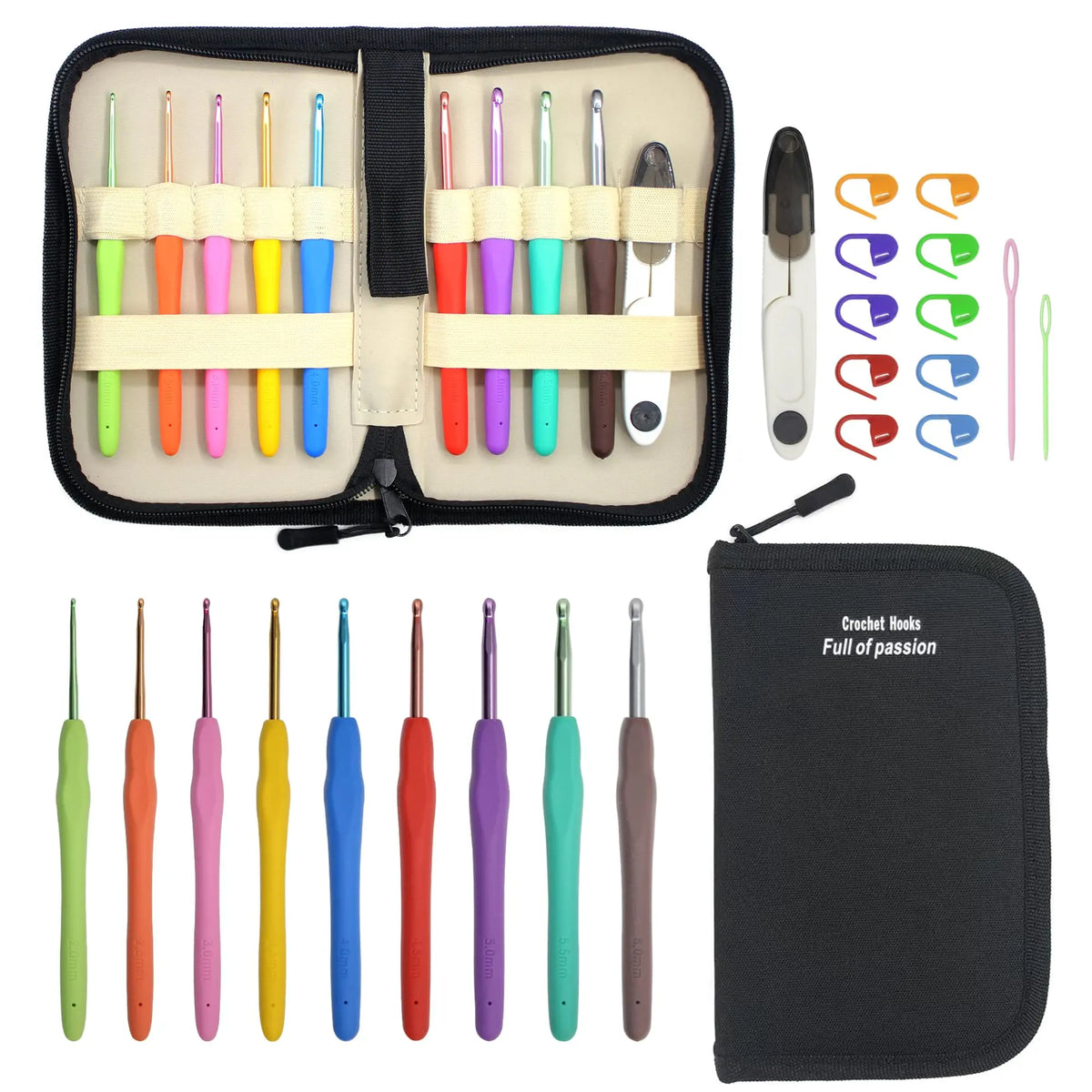 A black zippered pouch containing a beginner crochet kit with various colored crochet hooks and a step-by-step guide.