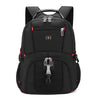 Black waterproof laptop backpack featuring multiple compartments and a USB charging port.