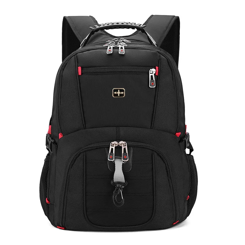 Black waterproof laptop backpack featuring multiple compartments and a USB charging port.