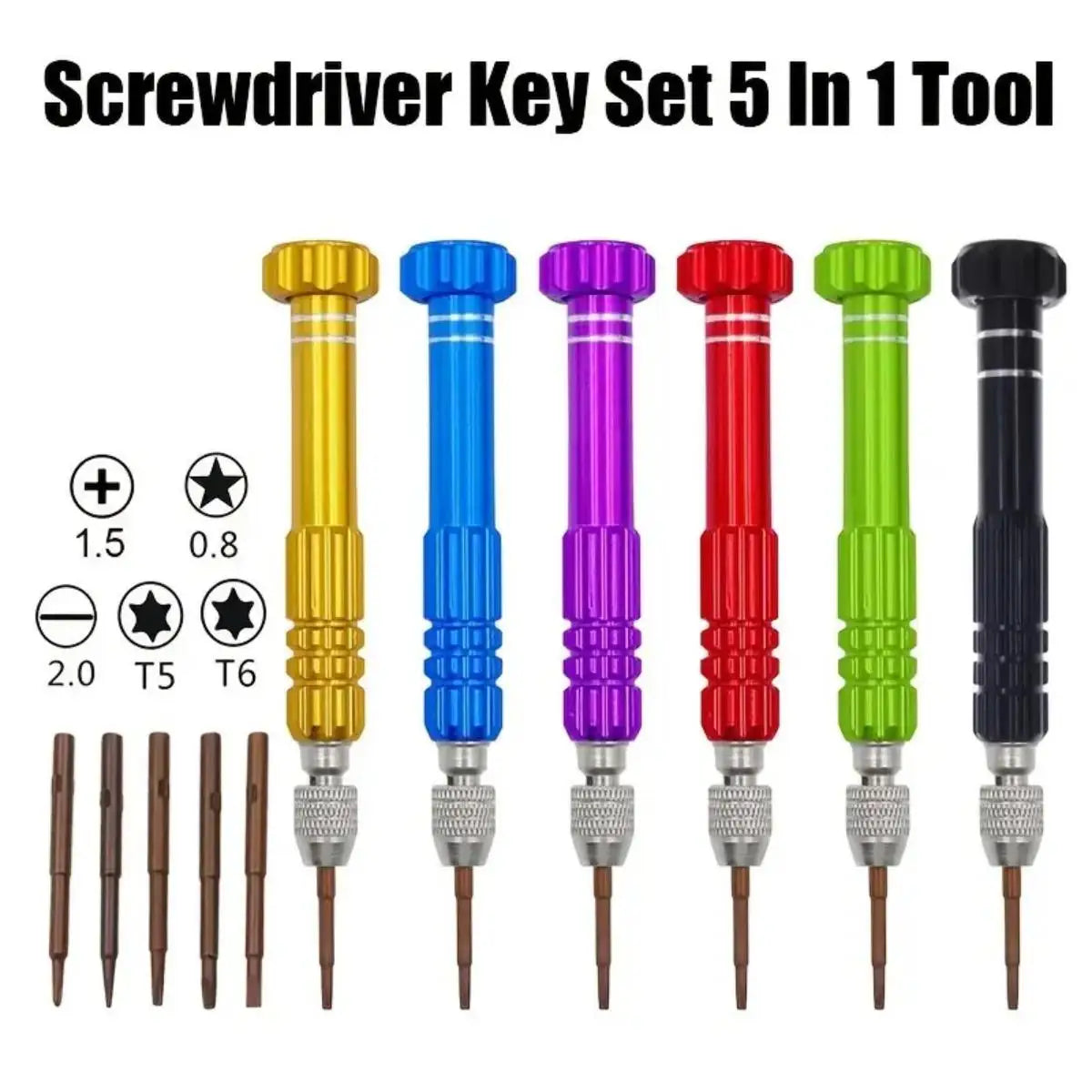 A set of five screwdriver bits in various sizes and colors including yellow, blue, purple, red, and green.