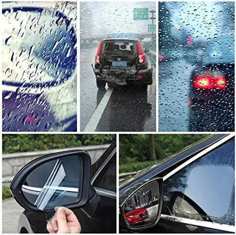 Close-up shots of car mirrors showing rain-proof film, anti-fog, and anti-reflective coating on a vehicle.