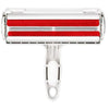 A white pet hair remover roller with red bristles and a handle.