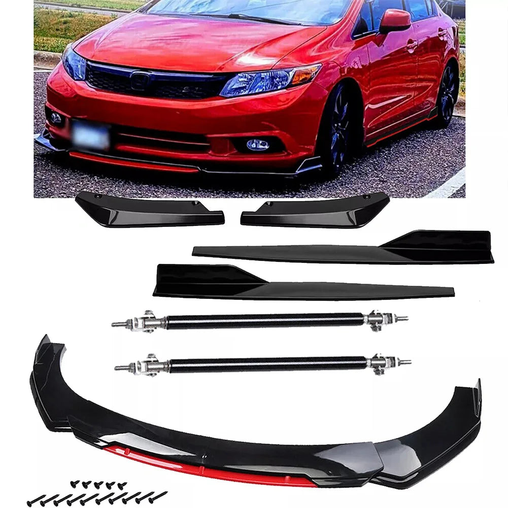 Black and red front bumper lip spoiler and side skirt kit for a car