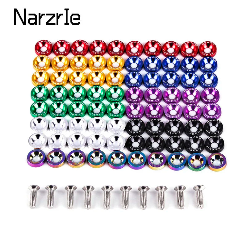 A collection of colorful aluminum JDM fender washers and bolts arranged in a grid.