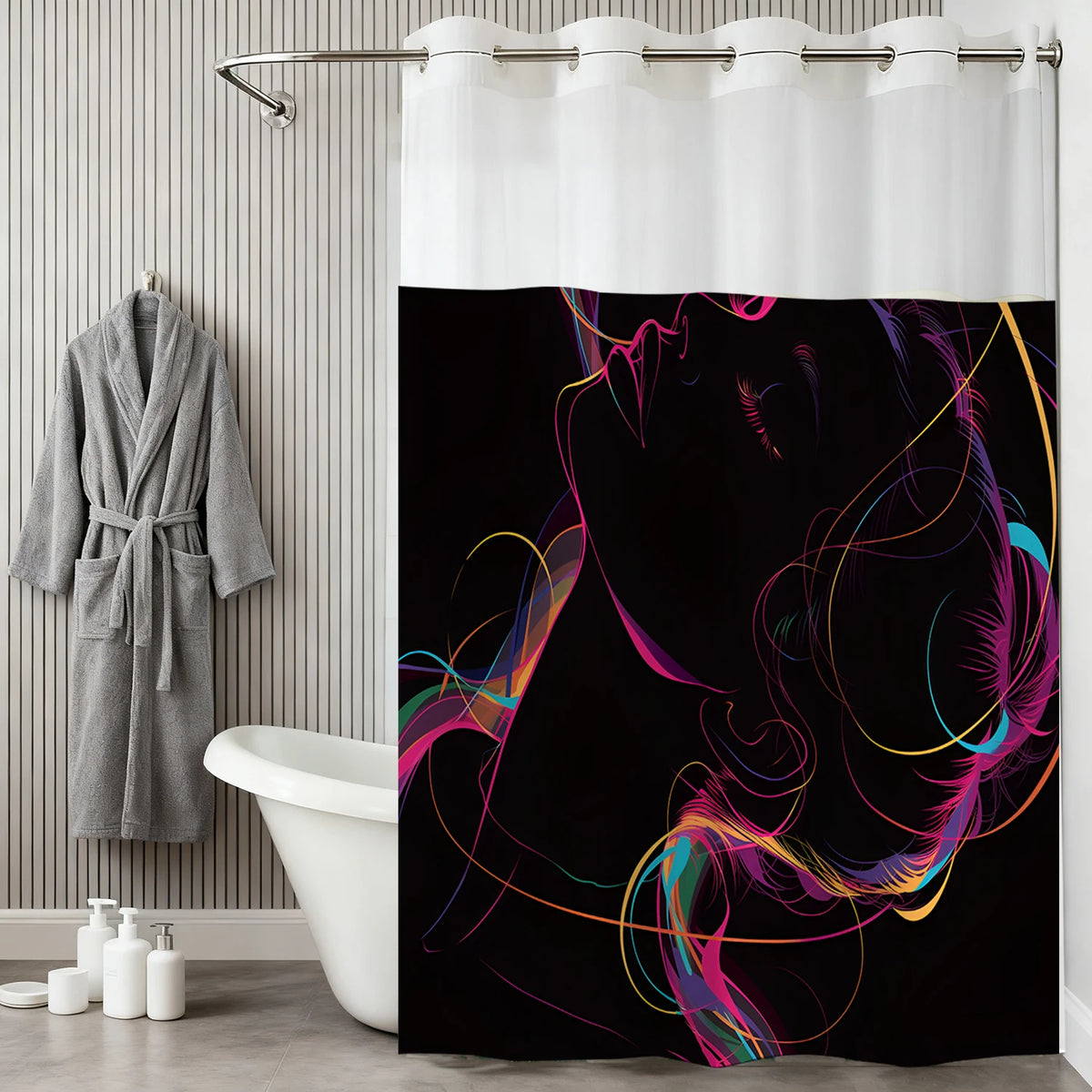 A modern waffle-weave shower curtain featuring a dark background with colorful abstract lines and a silhouette of a face.