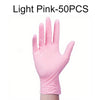 A hand wearing a light pink disposable nitrile glove is shown against a white background.