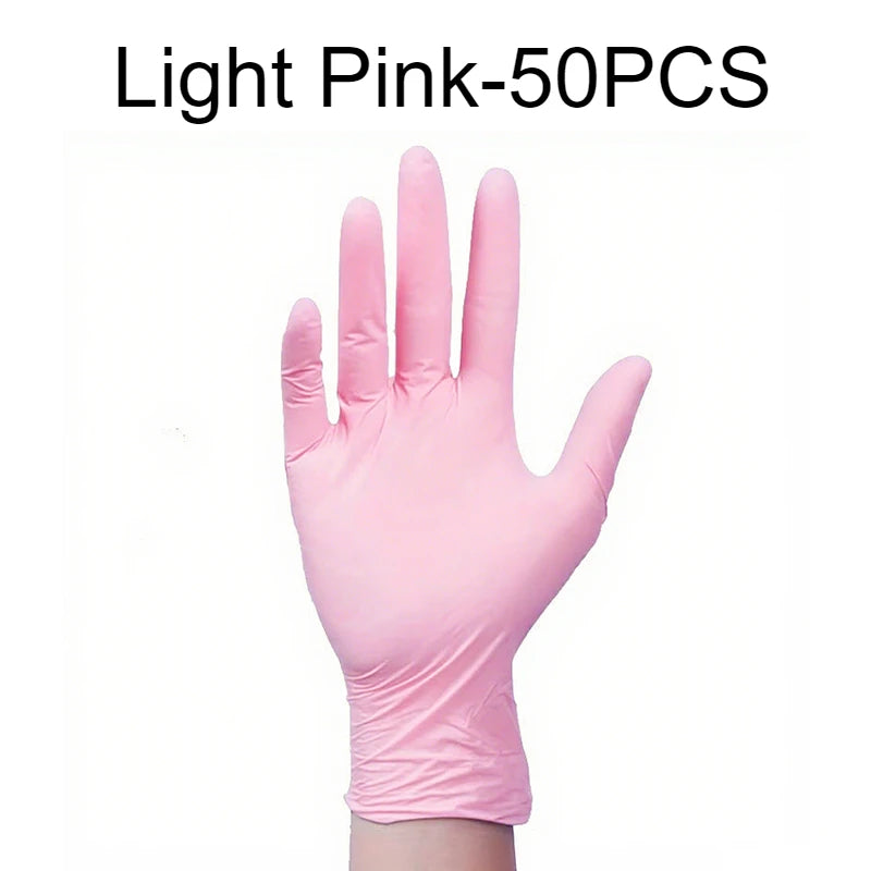 A hand wearing a light pink disposable nitrile glove is shown against a white background.