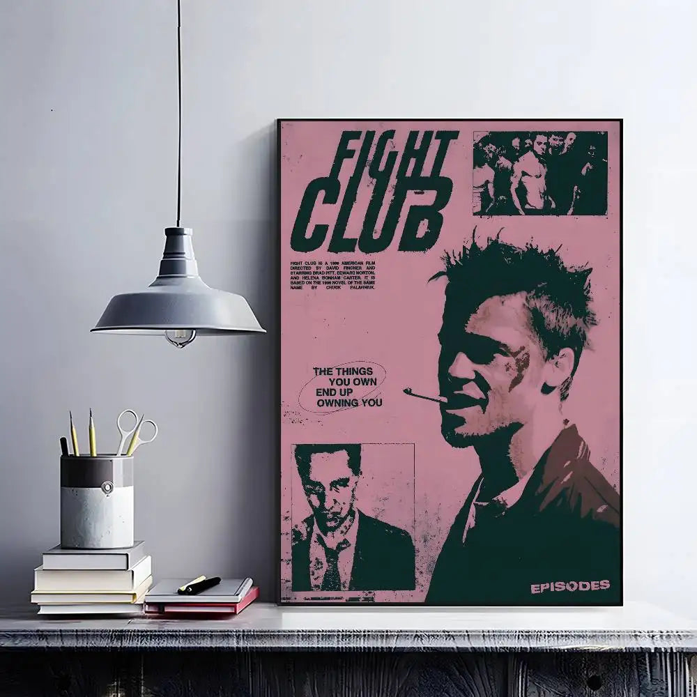 A poster for Fight Club movie featuring a man's face and text on a gray wall.