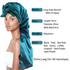 A model is wearing a teal satin long stain bonnet with a tie band, showcasing various color options.