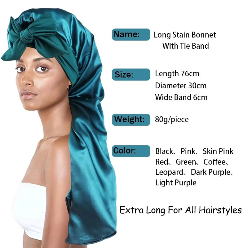 A model is wearing a teal satin long stain bonnet with a tie band, showcasing various color options.