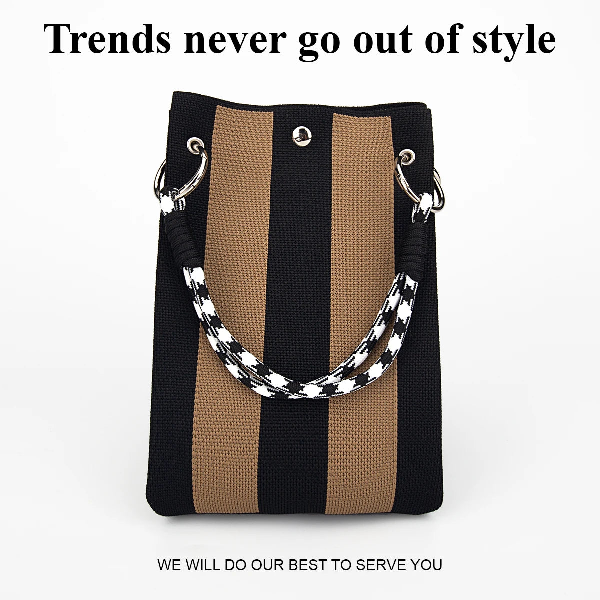 A black and tan striped knitted tote bag with gold hardware displayed against a white background.