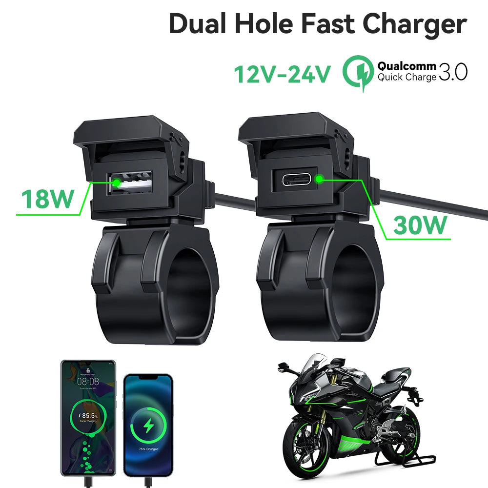Dual Hole Fast Charger for a motorcycle, showing 18W and 30W output capabilities.