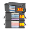 Three stacked gray foldable storage bags labeled 35L, 60L, and 90L with transparent windows.