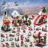 A set of Christmas themed building blocks and miniature figures for a holiday advent calendar display.